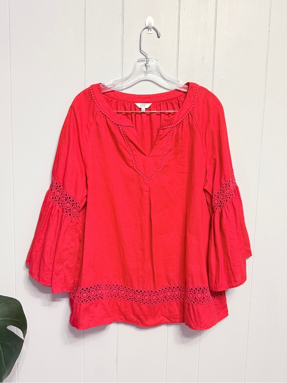 #14) crown & ivy Coral-Red Crochet-Trim Peasant Linen Tunic